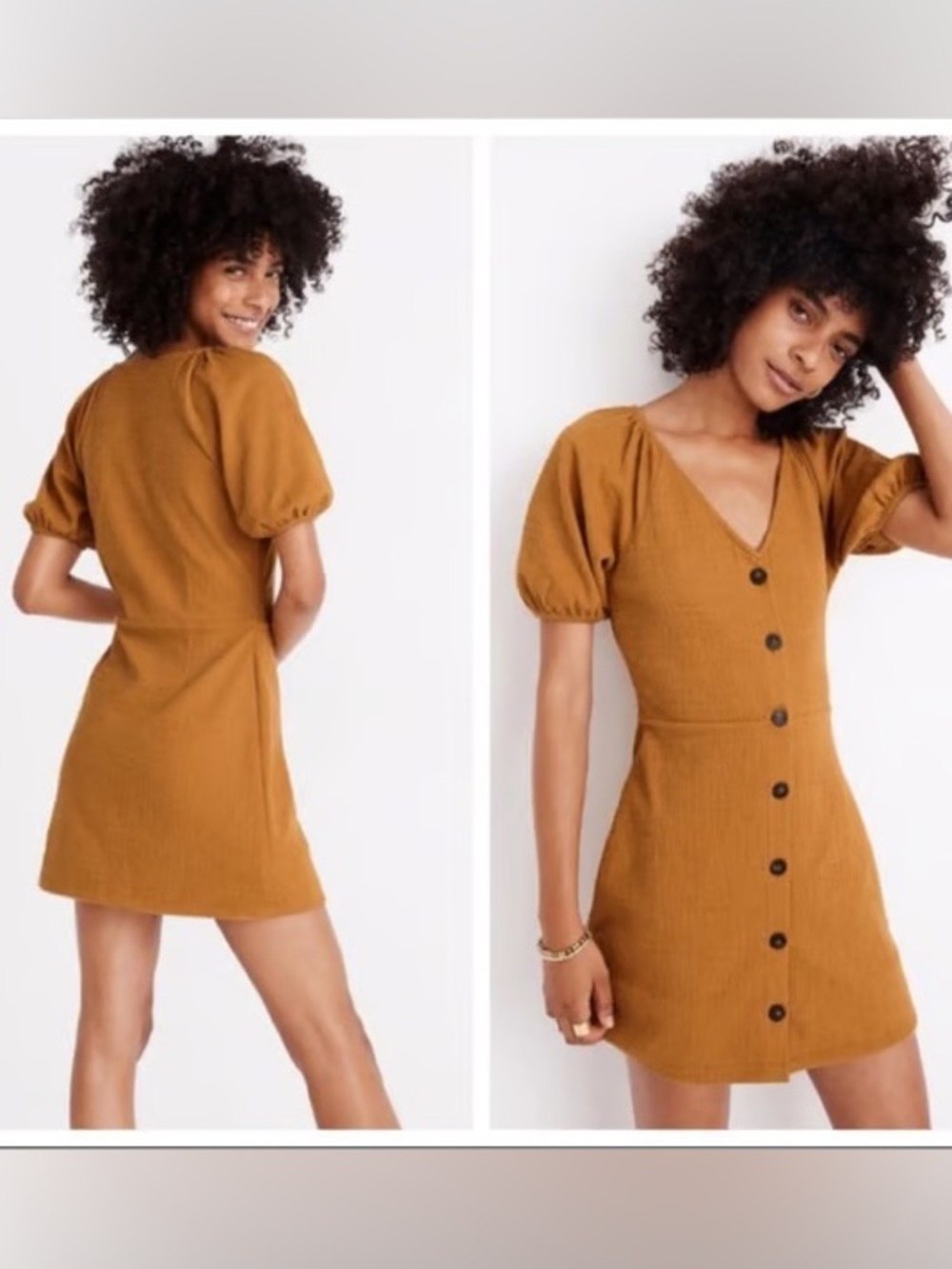 Madewell Mustard Button-Front Puff Sleeve Mini Dress - Picture 3 of 7